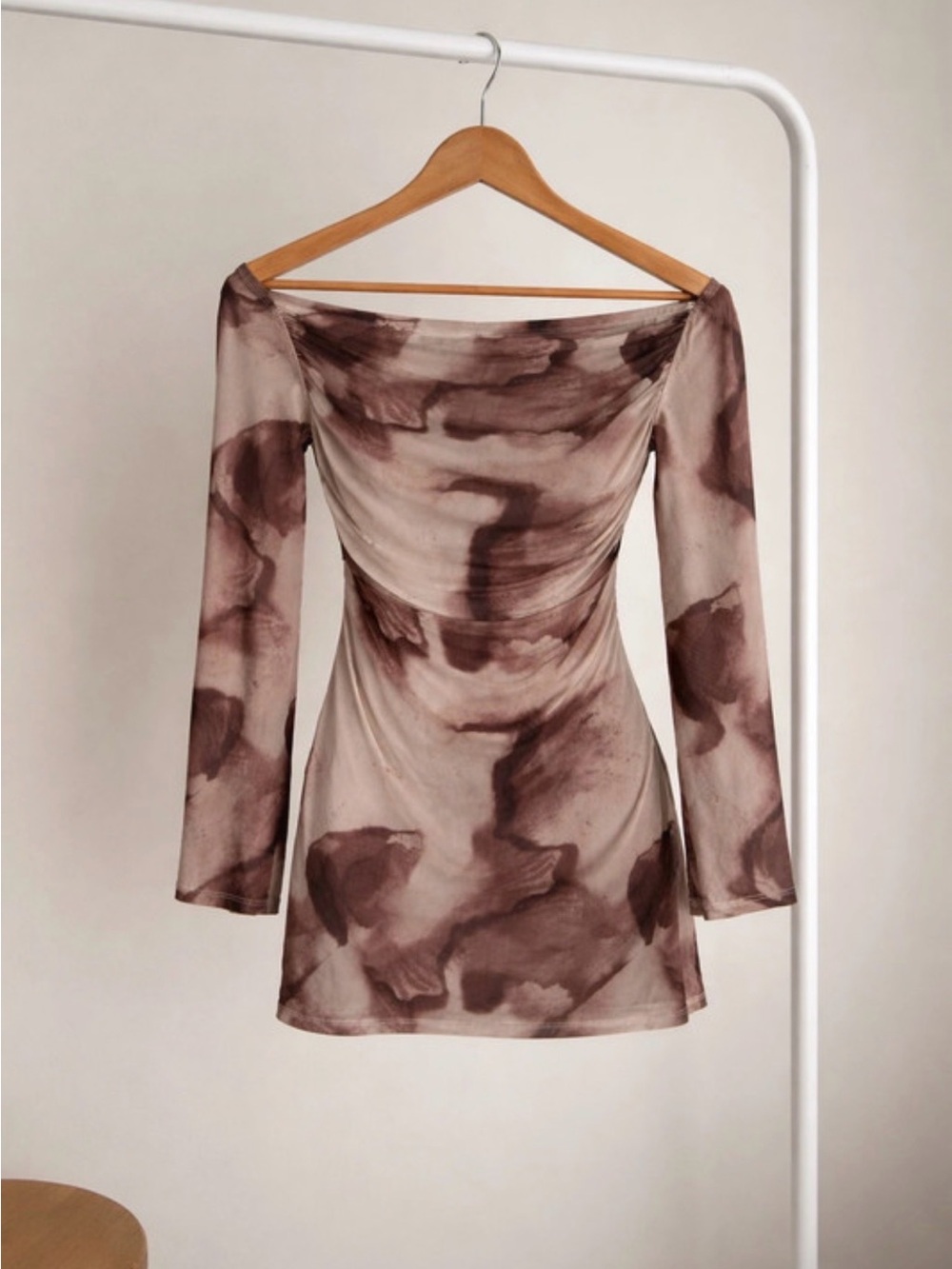Brown Watercolor Print Long-Sleeve Mini Dress